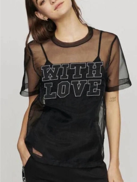 Maje Tops - Maje Black Sheer 'WITH LOVE' Layered Mesh Tee